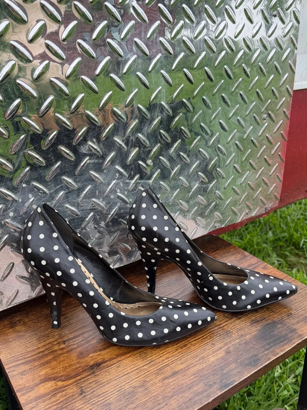 BCBGirls Black and White Polka Dot Pointed Toe Stiletto Heels
